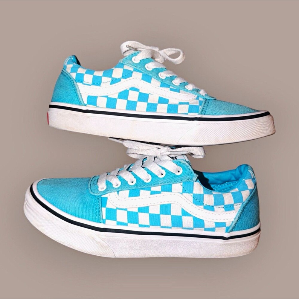 Vans Old Skool Unisex Kids Low Top Canvas Sneakers Blue/White Check Lace Up 3